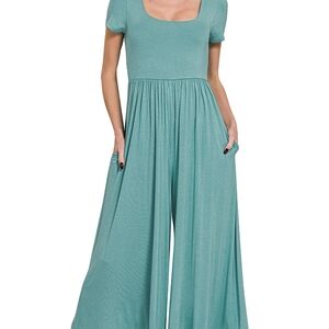 Umgee Seafoam Green Wide-Leg Short Sleeve Jumpsuit